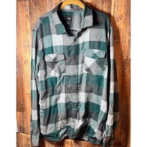 Vans Mens Flannel Shirt Large Green‎ Gray Plaid Long Sleeve Button Down Tailored